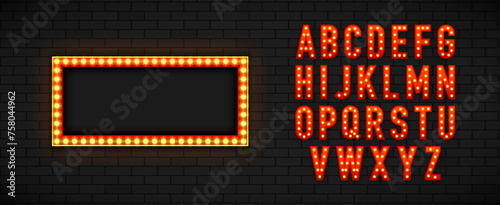 Lightbox and Alphabet. Marquee lightbox billboard with light bulb font for template on the wall background. Concept of broadway and show. Vector illustration.