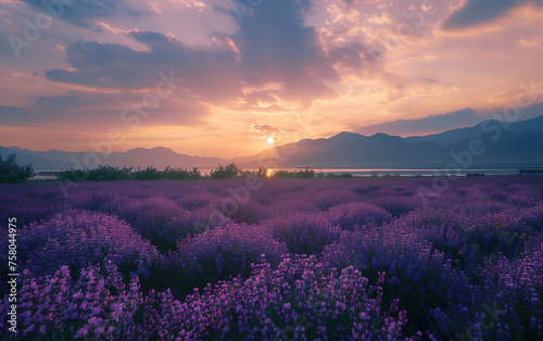 Lavender sunset scenery in Huocheng, Xinjiang, China,created with Generative AI tecnology.