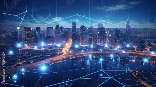 Internet of things or IoT wireless communication. Futuristic city with skyscrapers and connecting the dots lines.