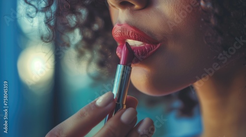Woman Applying Lipstick on Her Lips