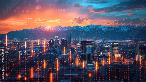 Skyline of Salt Lake City downtown in Utah with Wasatch Range Mountains in the background. Economical stock market graph photo