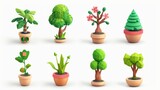 A set of modern cartoon icons featuring plant shoots, potted houseplants, trees, grass, and 3D moderns
