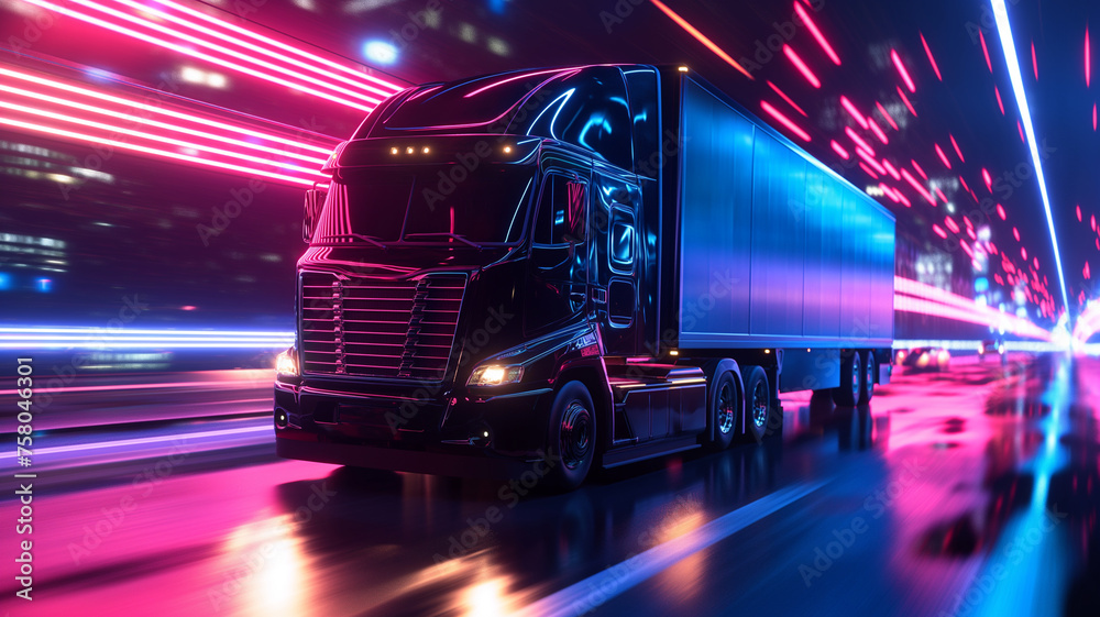 Futuristic truck driving on the road with motion blur background, transportation and logistics concept Futuristic truck driving on the road with motion blur background, transportation and logistics concept