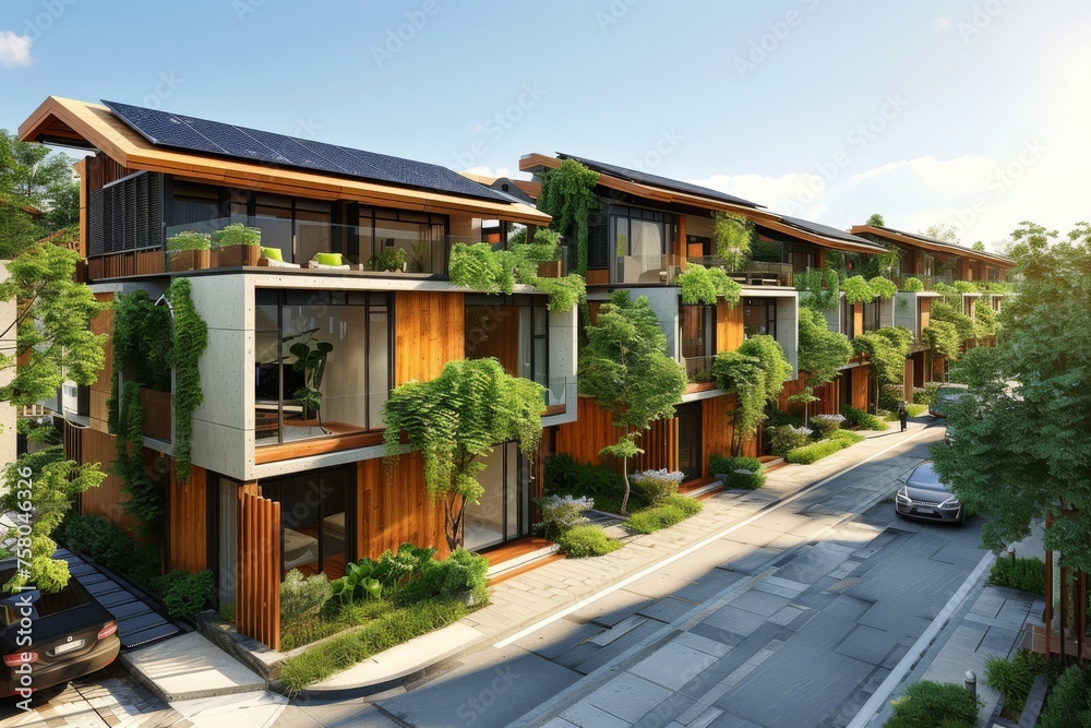 A multi-family eco housing complex with shared solar panels serving