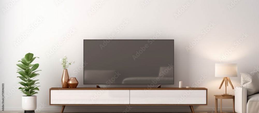 Smart Television Mockup on Wooden Console in White Living Room. Smart Television Mockup on Wooden Console in White Living Room.