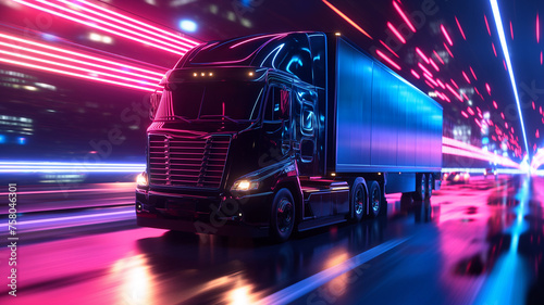 Futuristic truck driving on the road with motion blur background, transportation and logistics concept