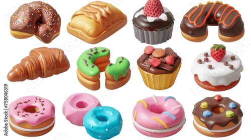 Icons for sweet food in 3D rendering. Cake, donut, croissant, cupcake, ice cream, chocolate.