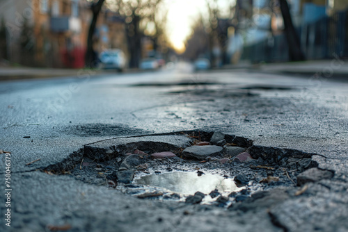 Potholes on the road after the rain photo
