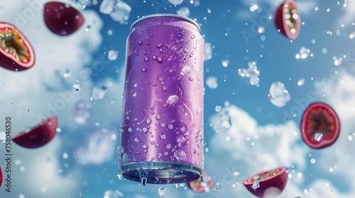 Purple floating Soda Can Surrounded by Passionfruit with water splash photo