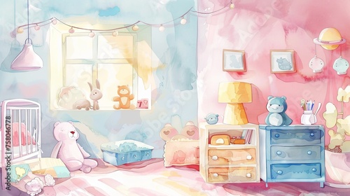 Delightful Watercolor Nursery Room Illustration A heartwarming watercolor illustration of a nursery room bathed in soft pastel hues, adorned with stuffed animals and whimsical wall art.

