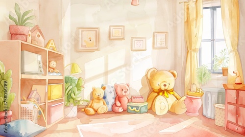 Sunny Playroom with Teddy Bears and Plants Watercolor illustration of a bright and inviting playroom filled with teddy bears, toys, and green plants under the warm sunlight.

