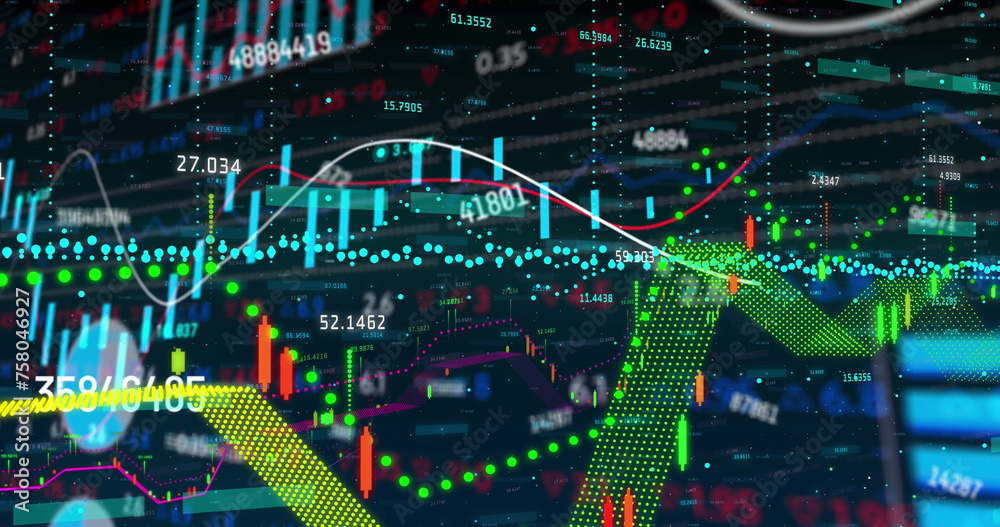 Image of financial data processing on black background