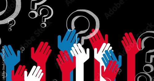 Image of question marks over hands on black background