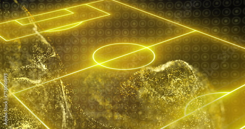 Image of yellow digital wave and soccer field layout against dots pattern on black background