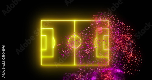 Image of purple and red digital wave over neon yellow soccer field layout on black background