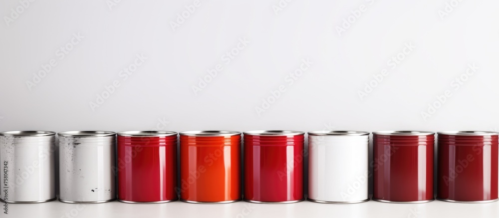 Metal cans or paint buckets arranged in a row on a white background to depict a concept of renovation and interior design.