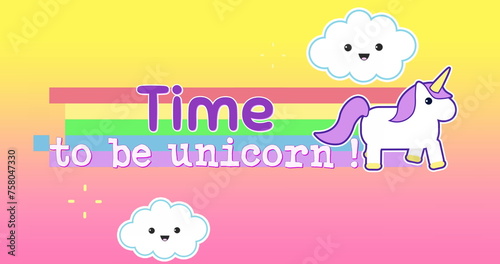 Digital image of a unicorn running across the screen while leaving behind a rainbow with a text that