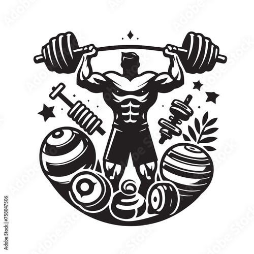 black and white logo with bodybuilder for gym and fitness club