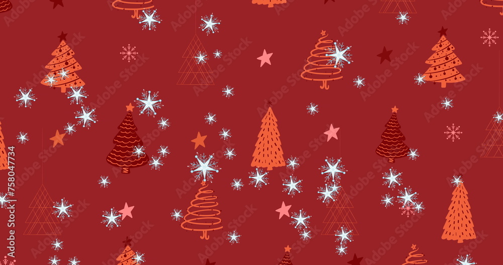 Obraz premium Multiple star icons falling against multiple stars and christmas tree icons on red background