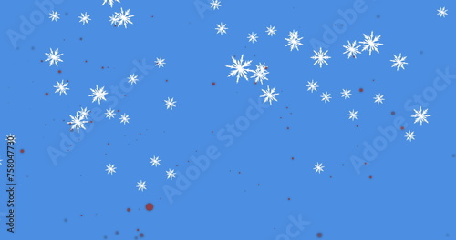 Image of snowflakes falling with red spots over blue background