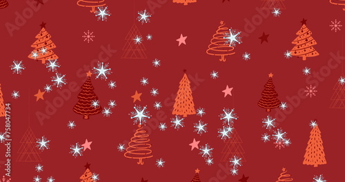 Multiple star icons falling against multiple stars and christmas tree icons on red background