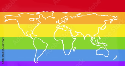 Image of world map on rainbow background