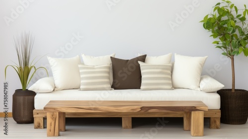 Boho ethnic living room rustic coffee table, white sofa, brown pillows, and poster frames
