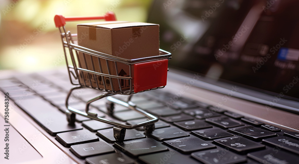 Cardboard box in shopping cart on laptop keyboard, business concept, online sales and online shopping