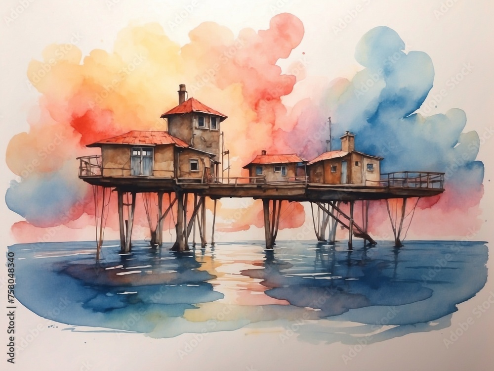 Painting stilt houses on water with watercolors.