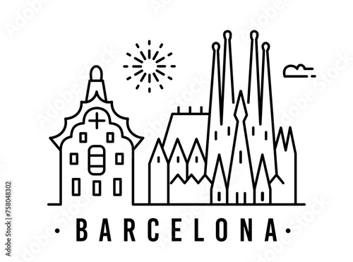 city of Barcelona in outline style on white photo