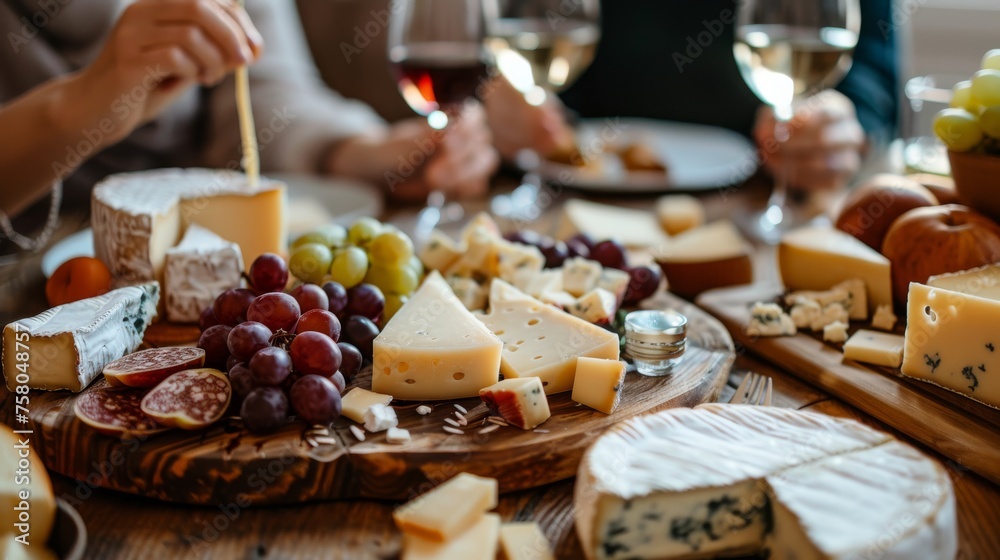 Friends enjoying a gourmet cheese platter with wine in cozy atmosphere