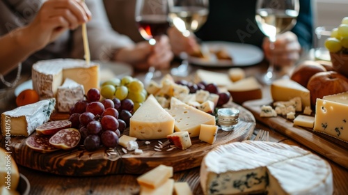 Friends enjoying a gourmet cheese platter with wine in cozy atmosphere