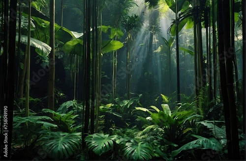 A dense forest stands tall, its canopy casting dappled shadows on the lush undergrowth. The air is filled with the scent of earth and foliage, while birds chirp harmoniously overhead.  photo