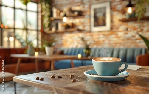 A steaming cup of coffee with latte art on a wooden table, illuminated by sunlight filtering through a window.