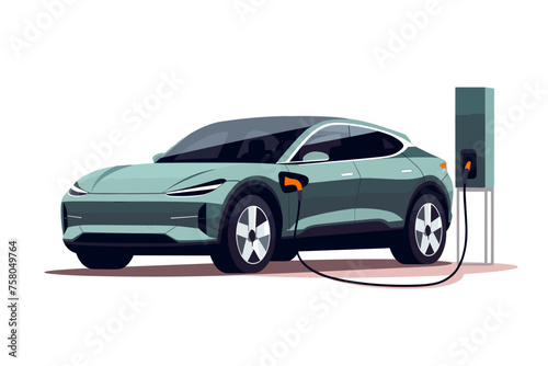 Modern electric smart suv car charging parking at the charger station with a plug in cable. Isolated flat vector illustration concept on white background. Electrified future transportation e-motion. © The Illustraitor