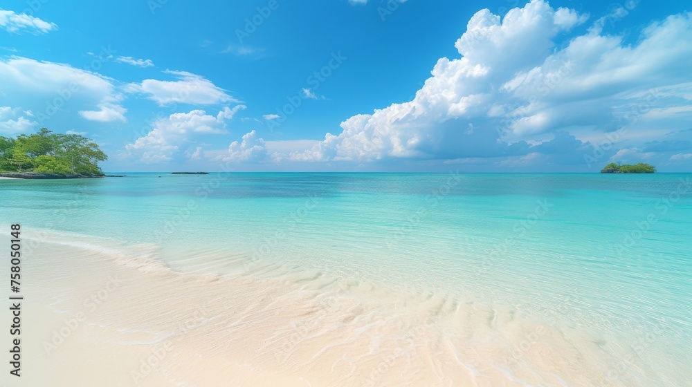 Beautiful scene features empty sandy beach with sea background Beautiful scene features empty sandy beach with sea background