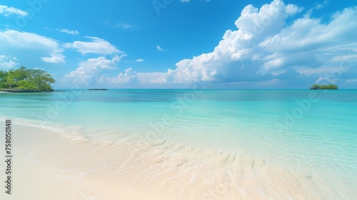 Beautiful scene features empty sandy beach with sea background