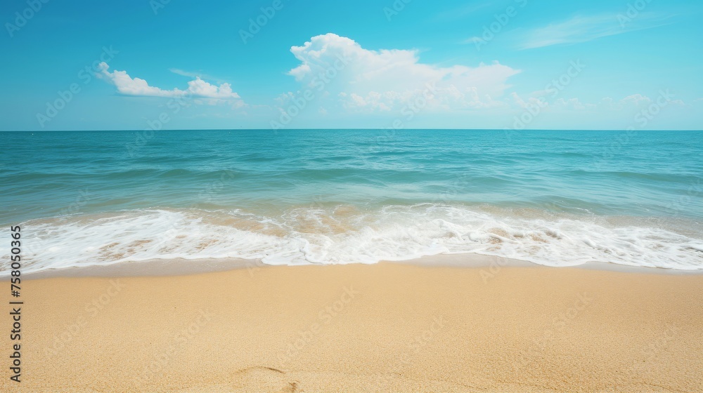 Beautiful scene features empty sandy beach with sea background
