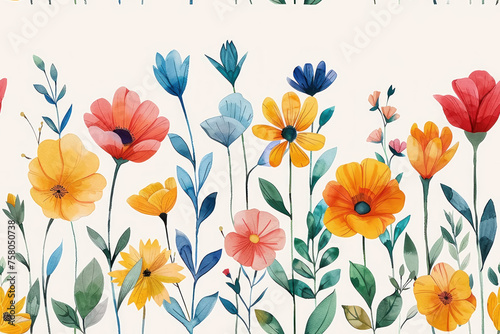 Naive Floral Crayon Drawings Pattern  Continuous with small flower sketches  white background  seamless repeating pattern.