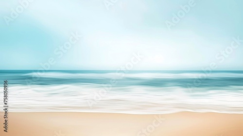 Blurred scene features empty sandy beach with sea background