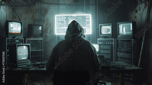 Shot from the Back to Hooded Hacker Breaking into Corporation. Generative ai
