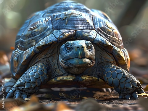 A turtle is standing on the ground with its head up. The turtle is looking at the camera
