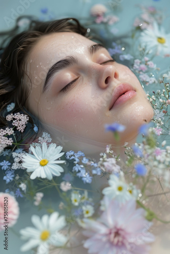 close up of young caucasian woman in nature with freckles and pale skin blue eyes in magazine editorial look with leafs herbal greenery flowers closed eyes for natural beauty skincare spa commercial
