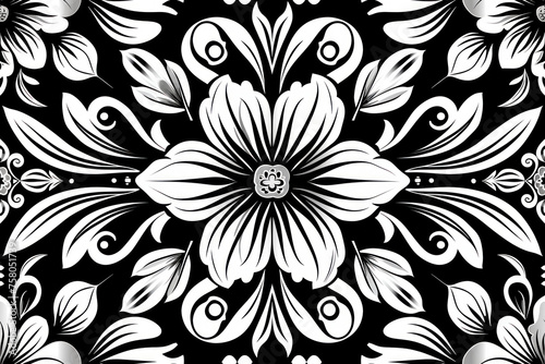 Mirrored Art Nouveau Floral SVG, Black and white, geometric forms ,seamless repeating pattern.