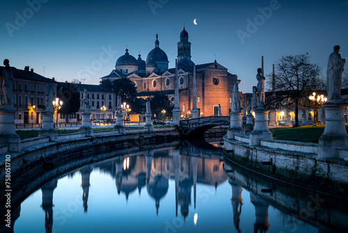 Morning in the most famous square in Padua. Square Prato della Valle and Basilica Santa Giustina in Padova, Italy. 