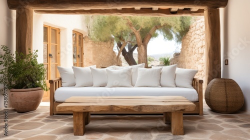 Boho ethnic living room with rustic coffee table, white sofa, brown pillows, and poster frames