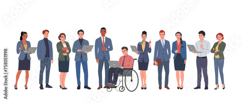 Group of different businesswomen  and businessmen  standing holding and using laptopd. Corporate office style. Vector flat style cartoon illustration