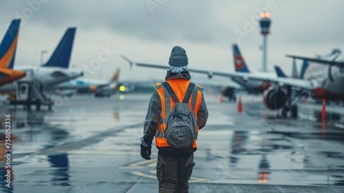 Wallpaper Mural Airport Ramp Agent in Reflective  Walking on Apron Among Parked Airplanes  Torontodigital.ca