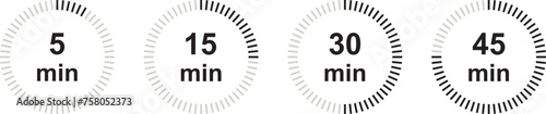 Timer 5, 15, 30, 45 min icon. Countdown minutes timer symbol. Vector Illustration