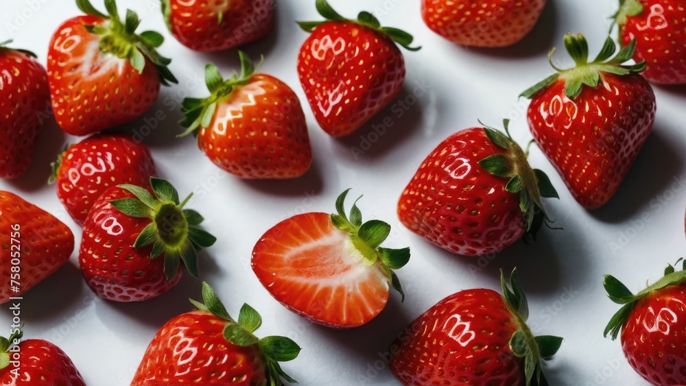 Ripe strawberries scattered across a clean white background Ripe strawberries scattered across a clean white background